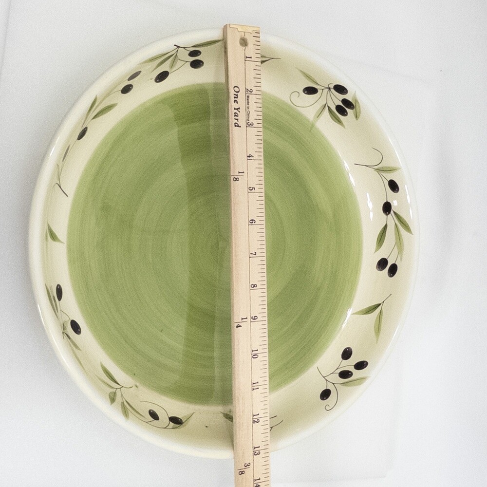 Botanica KIC Hand Painted Olive Serving Bowl 13" Stoneware Green Cream